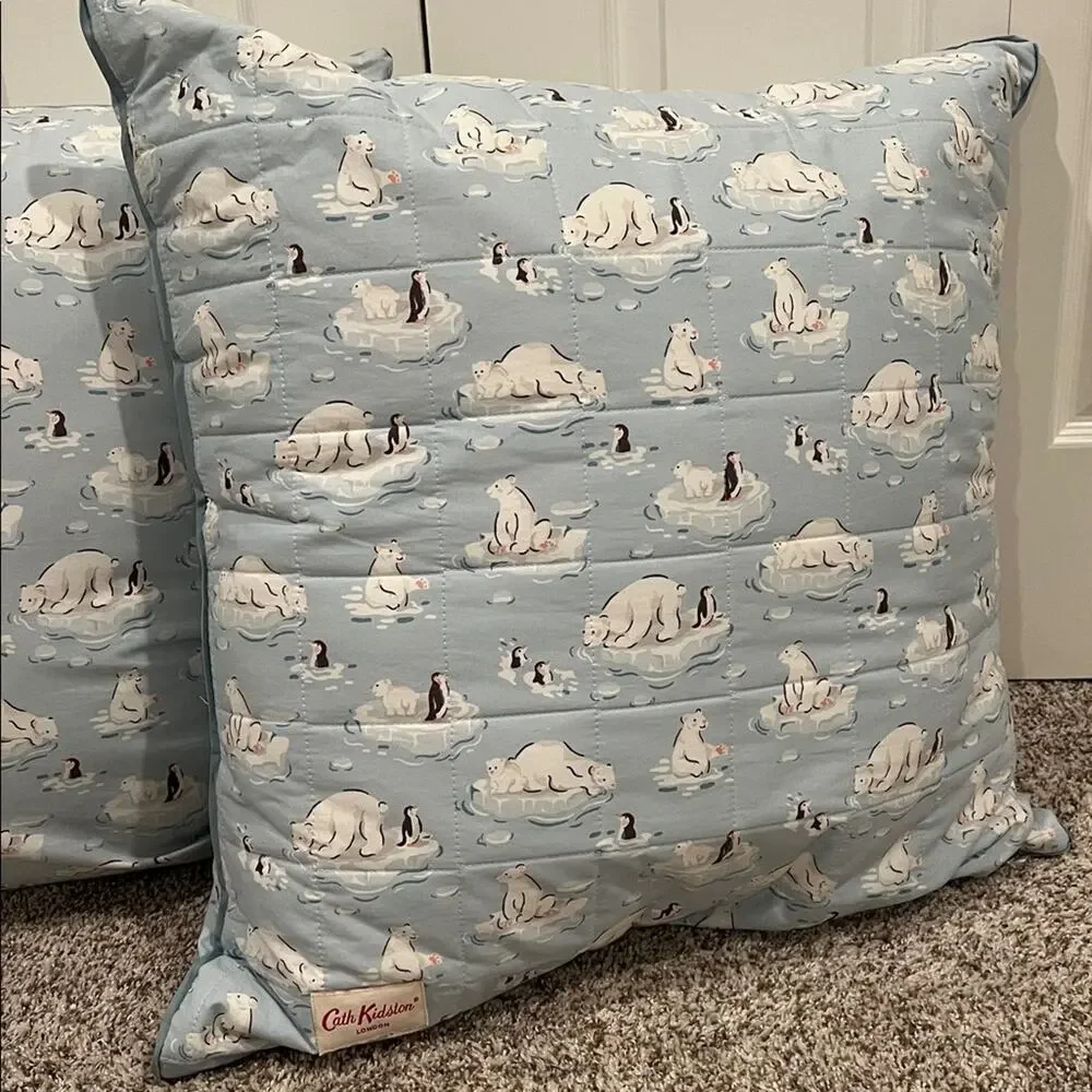 Cath Kidston Polar Ice Blue 2 Holiday Pillows Euro Shams Polar Bear and Penguins
